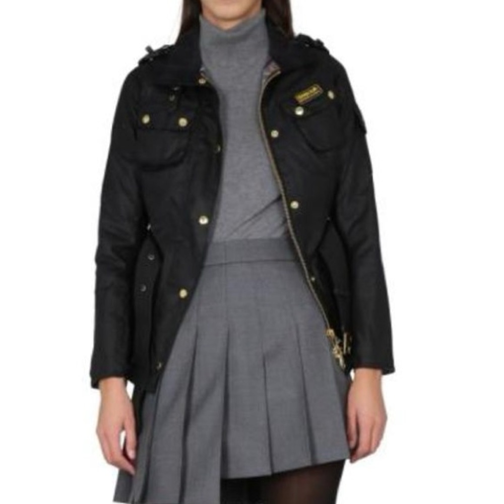Black belted waxed cotton Barbour jacket